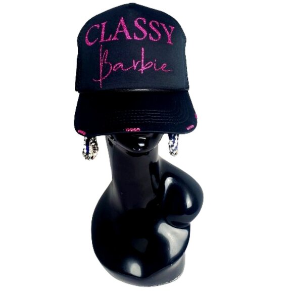 Classy Barbie Black Fitted Adj.Cap with Mesh Backing & Shiny Ltrg & Swk Crystals - Picture 4 of 6